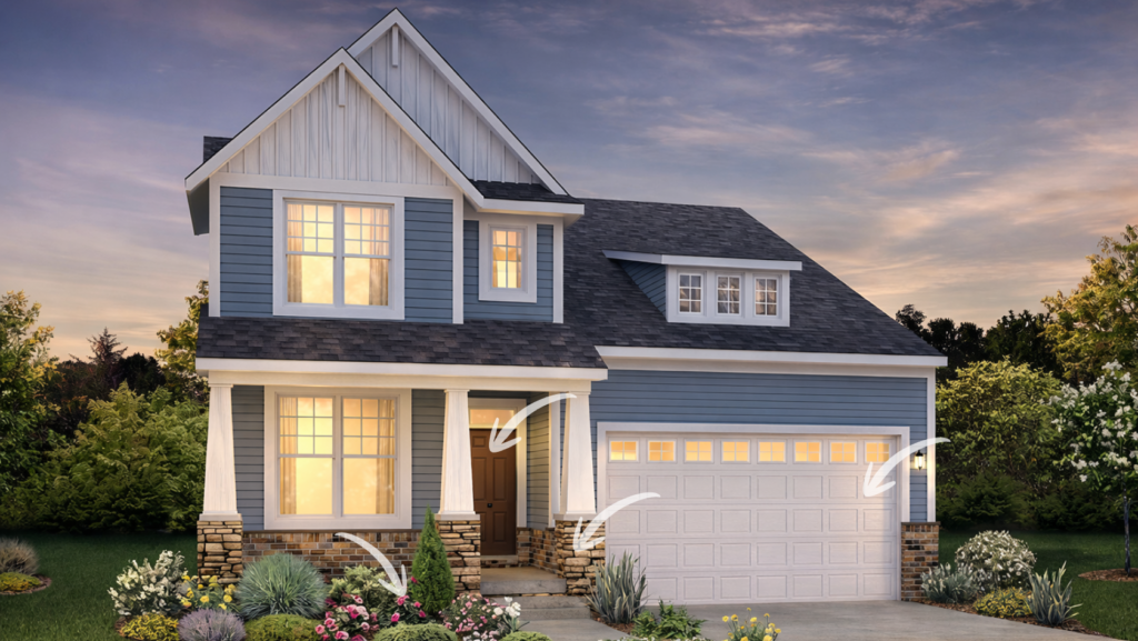 home exterior with arrows showing key upgrade areas to improve value before selling