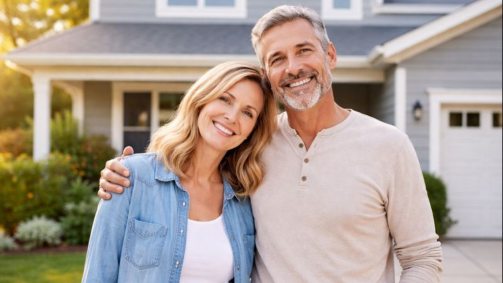 happy homeowners standing in front of their home representing home equity