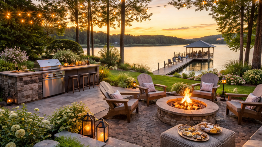 luxury backyard with fire pit outdoor kitchen and lake view adding home value