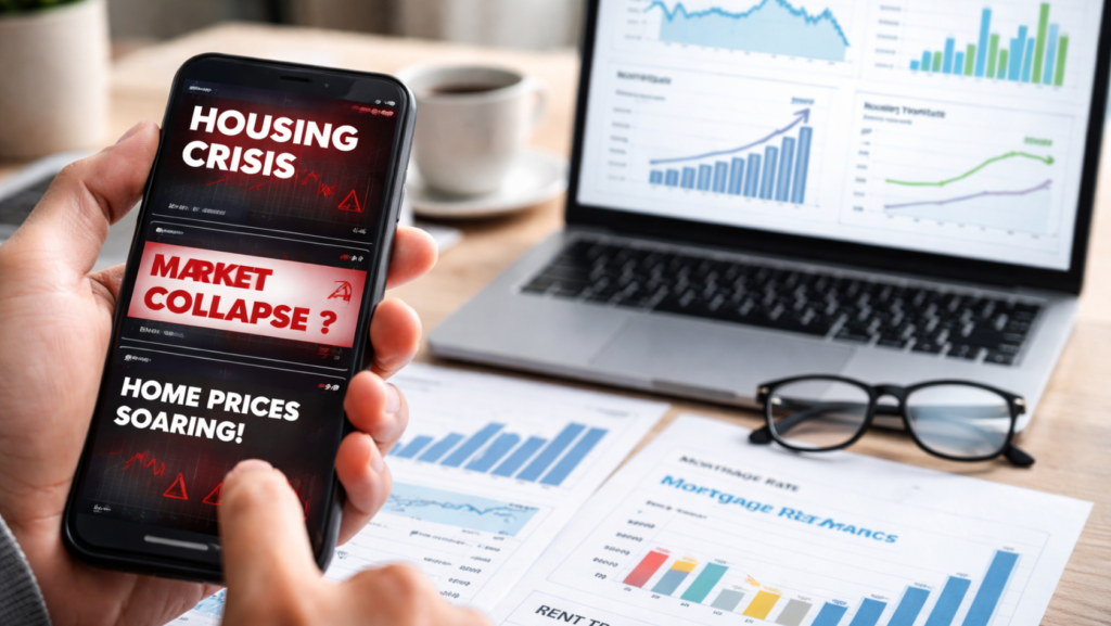 phone showing housing crisis headlines with market data charts in background