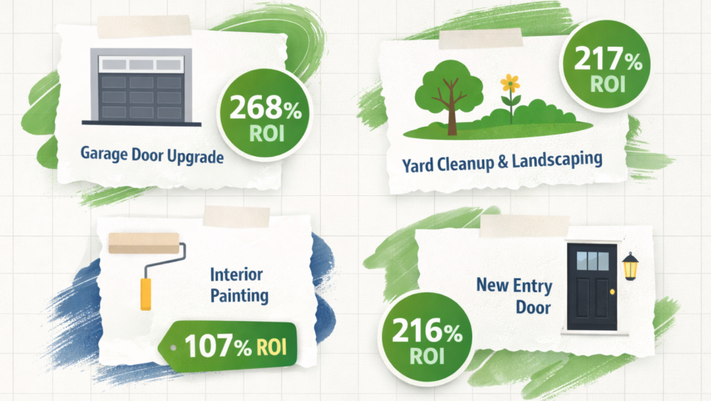home improvement projects with highest ROI including garage door landscaping and entry door
