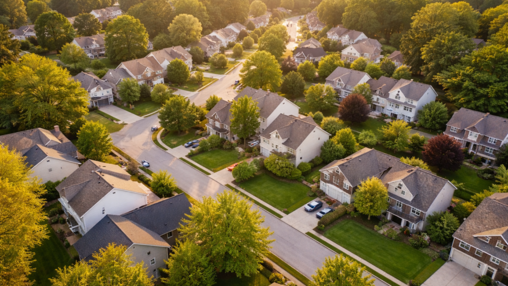 suburban neighborhood aerial view homes showing real estate equity growth