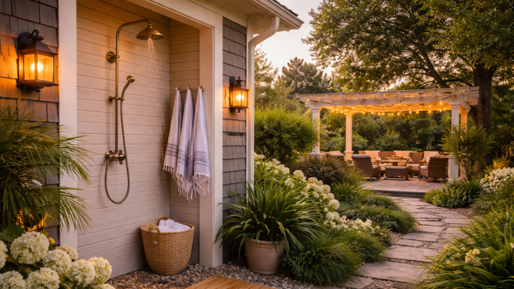 outdoor shower and pergola backyard design that increases home value