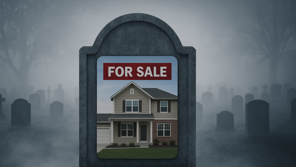 house for sale sign in graveyard representing homes sitting on the market