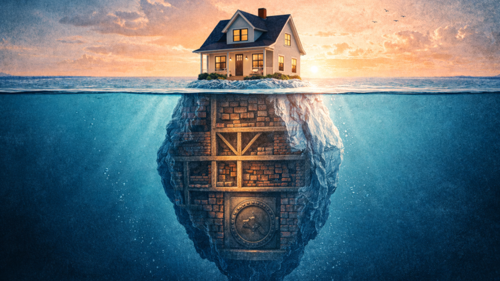 Home above water with large foundation underwater symbolizing homeowners vs renters wealth gap